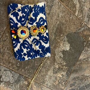 Steve Madden Blue and Gold Embroidered Clutch